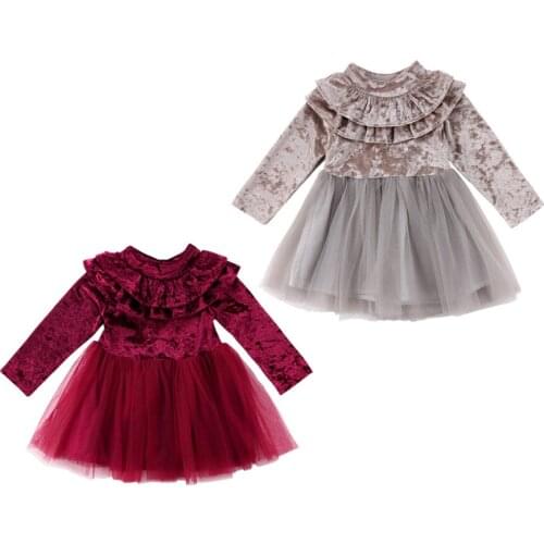 Citgeett Pageant Kids Baby Girl Dress Long Sleeves Velvet Fleece Birthday Party Dress Tulle Tutu Mesh Ruffle Cute Dress