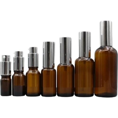Shiny Silver Spray Lotion Pump Cosmetic Emulsion Vials Empty Clear Brown Glass Travel Bottle 10ml 15ml 20ml 30ml 50ml 100ml15pcs