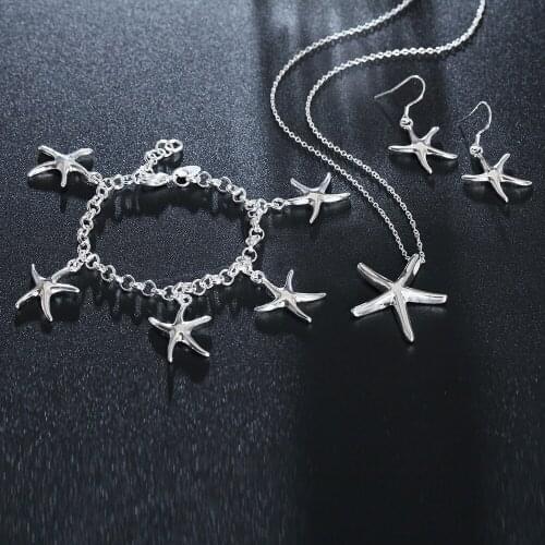 HOT SALE cute Silver star jewelry set necklace earring bracelet starfish wedding lady women wedding Valentines gift charms new