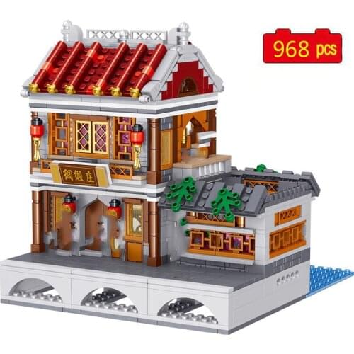 Chinese Style Town Street Scene Series Ancient Chinese Cloth Shop DIY Model Building Blocks Toys Gifts
