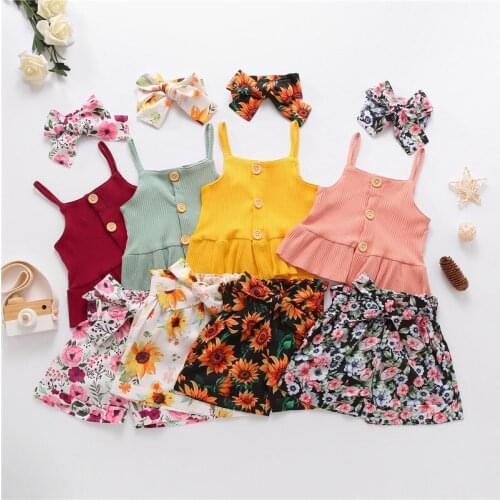 3 Pieces Summer Baby Girls Clothes Sets Solid Color Button Camisole and Flower Bandage Short Pants and Headband