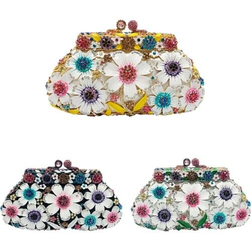 Rose Gold Crystal Clutch Purse Flower Sequin Metal Chain Messenger Bag Rhinestone Dinner Evening Bags Fashion Summer Handbags