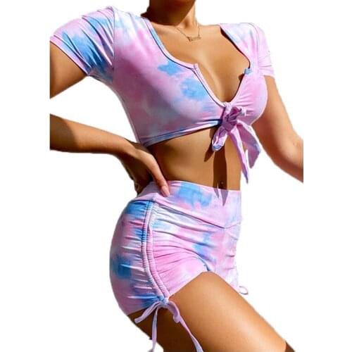 High Waist Swimsuit 2021 New Short Sleeve Bikini Sexy Lady High Shorts Beach Bathing Suit Women Girls Knotted Tie-Dye Two-Pieces