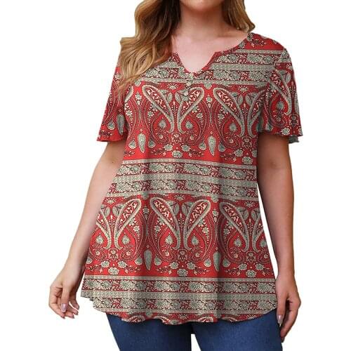 Summer Casual Womens Shirt Fashion Loose T-Shirt Printed Zipper V-Neck Loose Short-Sleeved Shirt for Women Plus Size Tops