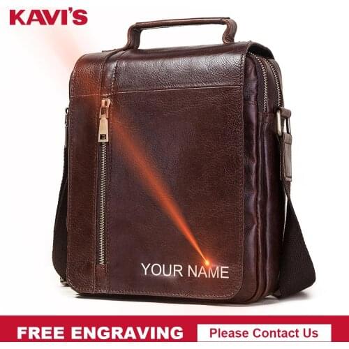 KAVIS Free Engraving Cowhide Genuine Leather Males Crossbody Bag Casual Business Mens Messenger Shoulder Bag Zipper Design