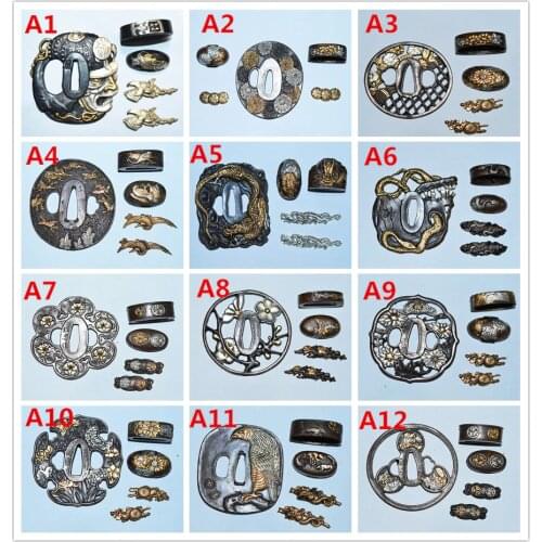 A Set Brass Katana Accessory Handguard For Japanese Sword/Wakizashi DIY Fittings TSUBA+FUCHI+KASHIRA+MENUKI