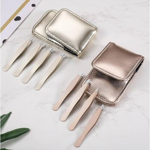 4PCS Gold Eyebrow Tweezer Set Stainless Steel Slant Tip/Point Tip/Flat Tip Eyes Tweezers for Face Hair Removal Make Up Tools