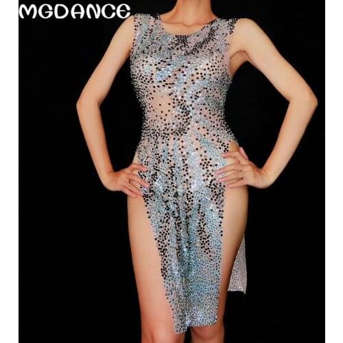New Women Sexy Rhinestones Dance Dress Stage Costume Performance Party Celebrate Outfit Singer Mesh Dance Dress