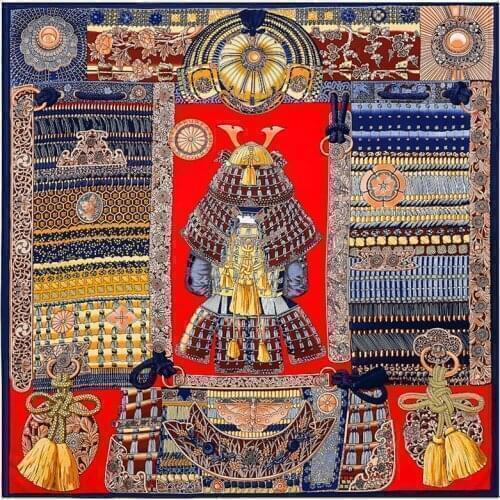 Twill weave silk square scarf samurai armor print neckerchief bandana women headwear shawl designer scarves large 130*130 cm