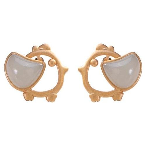 S925 sterling silver gold-plated natural Hetian jade ear studs simple cute wild womens bird silver earrings