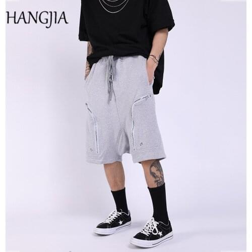 Hip Hop Retro Mens Baggy Shorts Summer Streetwear Trend Side Zippers Harem Shorts Soild Color Casual High Elasticity Knee Length