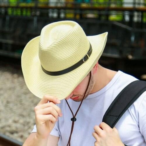 Men Straw Cowboy Hat Sun Hat Folding Western Wide Curved Brim With Adjustable Chin Strap Hat For Summer Outdoor
