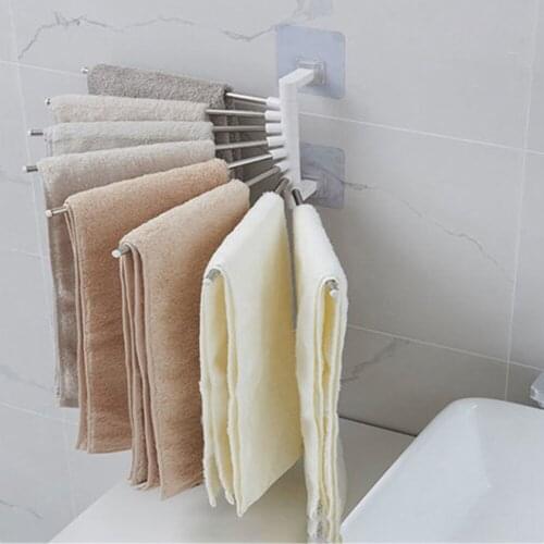 6/7/8 Rod Bathroom Towel Rack Punch-Free Rotating Towel Rack With Hook Rotatable Kitchen Bathroom Hanger Stainless Steel