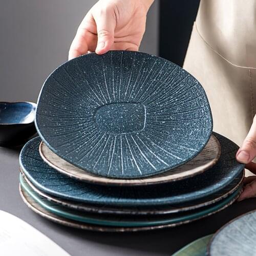 Japanese Ceramic Embossed Western Steak Plate 10 Inch Retro Vertical Pattern Ramen Dessert Sushi Flat Plate Restaurant Tableware