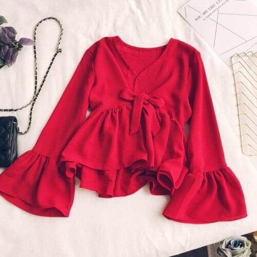 2018 autumn new female V-neck trumpet sleeves lace-up bow lotus leaf chiffon shirts womens solid color elegant blouses shirt
