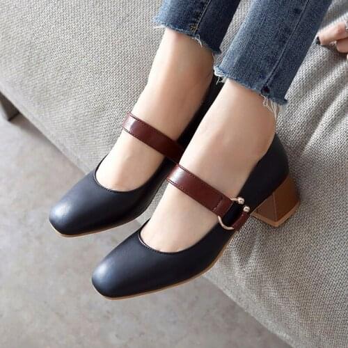 Plus Size 34-46 Mary Ladies High Heels Women Shoes OL Woman Pumps Metal Buckle with Square Toe Shallow Mouth and Thick Low-heel