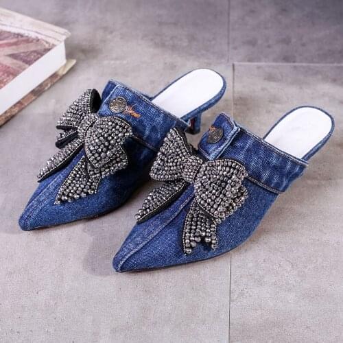 Womens Pointed Toe Rhinestones Bowknot Crystal Denim Jeans Stlilettos Slipper Pumps High Heel Slingbacks Shoes New 2021