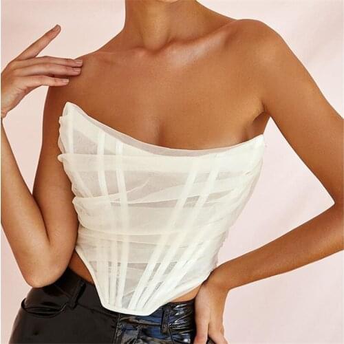 Womens Sexy Mesh Sheer Strapless Bustier Tube Top Solid Color Off Shoulder Sleeveless Fit Slim Corset Tops Shapewear Clubwear