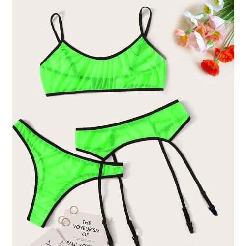 Women Exotic Underwear Sexy Nightwear Set See Through Mesh Bra Thong Garter 3PCS Sets Solid Color Lingerie Lenceria Para Mujer