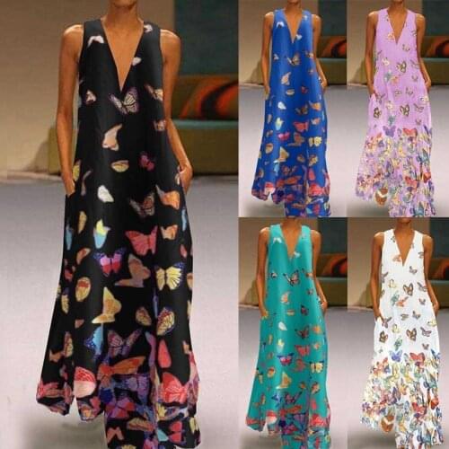 Women Casual V Neck Sleeveless Plus Size Dress Loose Butterfly Print Dress Maxi Dress