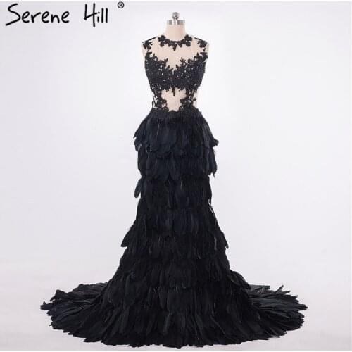 2020 Luxury Feather Mermaid Evening Dresses Sexy Sheer Illusion Back Dubai Arabic Formal Dress Real Picture BHA2006
