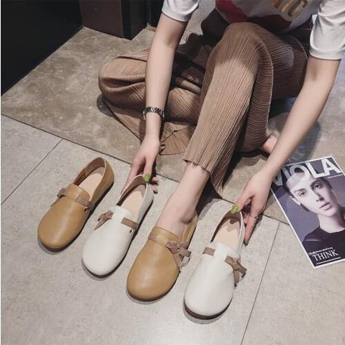 2021 summer soft sole single shoes womens flat heel cowhide bean shoes fashion womens shoes granny shoes