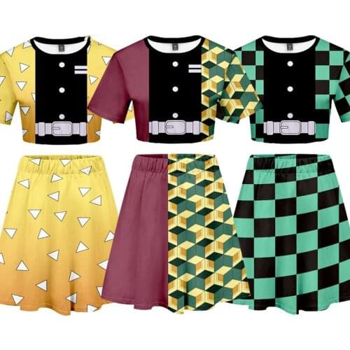 Anime Demon Slayer Cosplay T-shirt Women Girls Halloween Role Play Costumes Kimetsu No Yaiba Short Sleeve Costume Skirt Suits