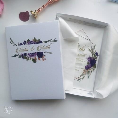 Free shipping 2019 hot sale custom personalized printing with purple flower clear acrylic wedding invitation card,box with logo