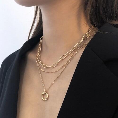 Irregular Circle Pendant Gold Color Link Chain Long Necklace for Women Minimalist Layered Necklaces Choker Jewelry