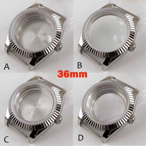 36mm Steel Fluted Bezel Watch Case fit NH35A NH36A ETA 2836 MIYOTA 8215 821A Glass Back Sapphire Crystal Screw Crown