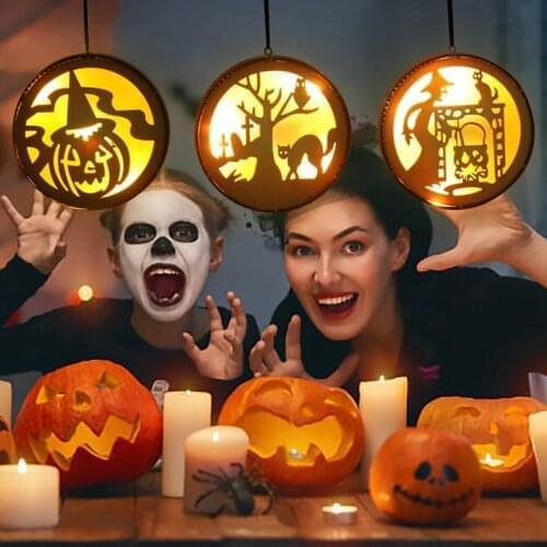 Halloween Wooden LED Ornaments Pumpkin Ghost Trick or Treat Pendants Halloween Party Decoration for Home Door Hanging Signs