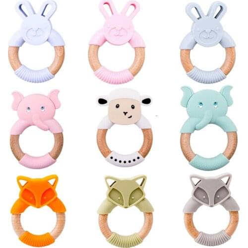 Baby Silicone Teethers Toys Beech Wood Cartoon Animal Teething Wooden Ring Food Grade BPA Free Baby Teethers Accessories