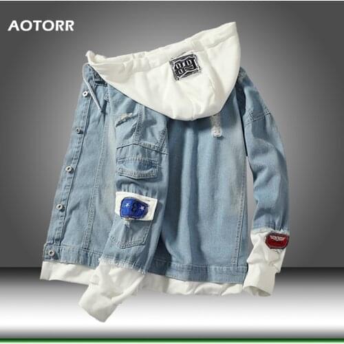 Men Denim Jacket Spring Slim Fit Mens Hooded Jean Jackets Male Casual Streetwear Hip Hop Loose Jean Outwear 2021 New Clothing