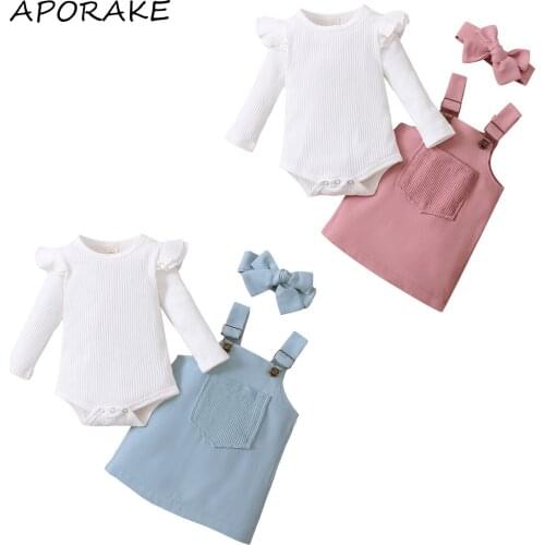 2021 0-18M Summer Infant Girl Clothing Set Cute Solid Color Fly Long Sleeve Romper+Button Overalls A-line Dress With Pocket 3pcs
