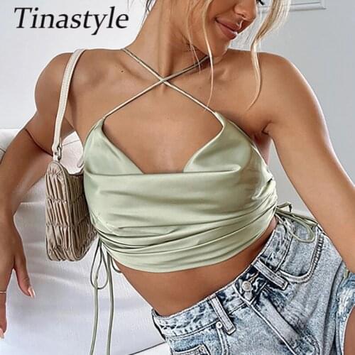 Tinastyle Spaghetti Strap Sexy Crop Top Women Corset Side Lace Up Bandage Short Summer Tank Top Casual Y2K Party Nightclub Tops
