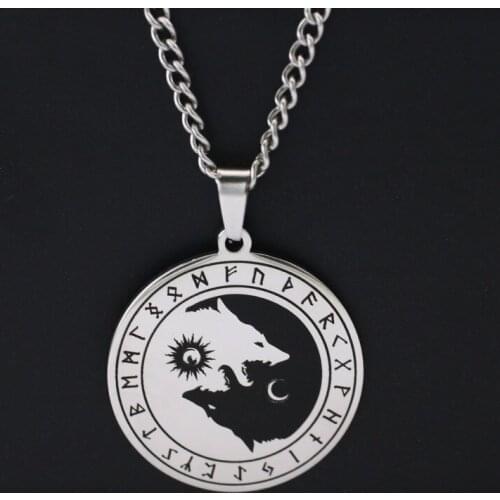 Nordic Viking Myth Giant Wolf Hati & Skoul Chasing Sun Moon Necklace for Men Stainless Steel Hip Hop Accessories Punk Jewelry