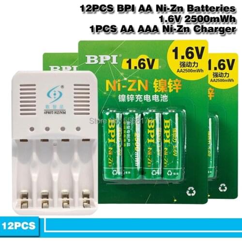 12Pcs BPI Ni-Zn 1.6V 2500mwh AA Rechargeable Battery + 4 slots Ni-Zn NiMH AA AAA battery Charger set