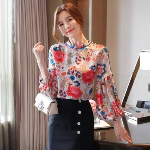 Autumn Womens Floral Shirt Fashion Lantern Sleeve Chiffon Top Womens Tops and Blouses Blusas