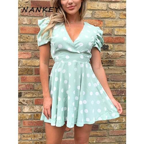 NANKEY Mint Puff Sleeve Polka Dot Skater Dress Women Summer V Neck Ruffles Sundress A Line Beach Party Vestidos Boho Dress