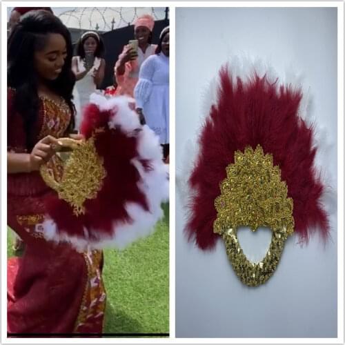 1Pc/bag Pink African Turkey Feather Hand Fan Handmade Fans for Wedding Decoration Hand Fan with Stones Double-sided Feather Fan