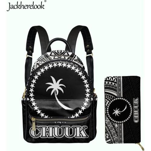 Jackherelook Chuuk Polynesian Design Fashion Black PU Small Backpack Wallet 2pcs/Set for Lady Womens Luxury Satchel Everyday Bag