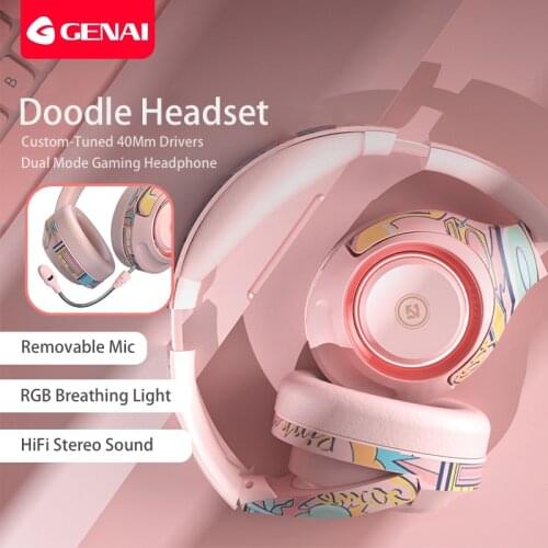Genai Foldable Gaming Headset with RGB Light Wireless Bluetooth Headphones Noise Canceling Microphone Deep Bass Over-Ear Headset