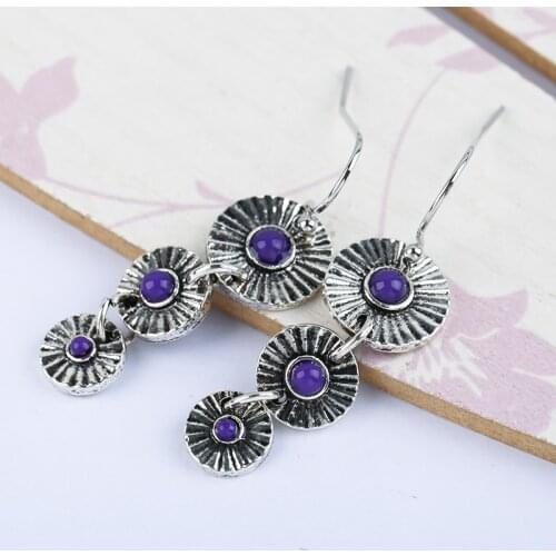 Vintage Silver Color Treble Disk Pendant Drop Earrings Cute Purple Stone Dangle Earrings for Women Punk Party Jewelry B4M922