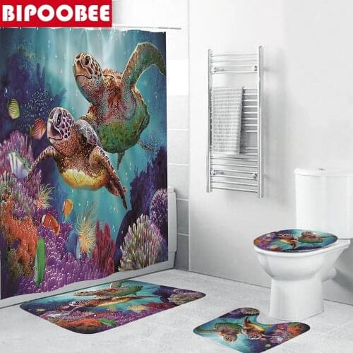 3D Ocean Turtle Shower Curtain Waterproof Bath Curtains Polyester Fabric Toilet Cover Mats Bathroom Non-Slip Mat Rug Home Decor