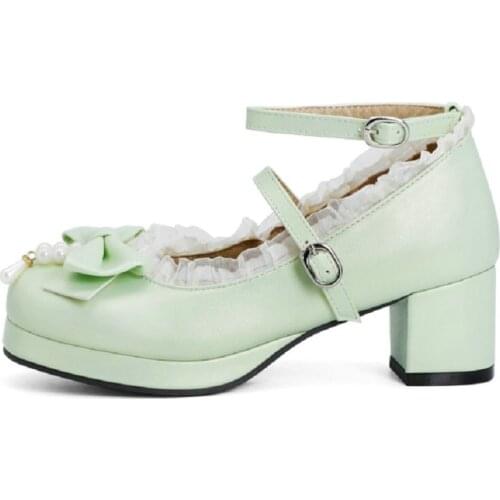 ZawsThia Girls Sweet Lolita Ruffles Bowknot Lace Bridal Wedding Shoes Women High Heel Bordered Princess Dress Mary Janes Pumps