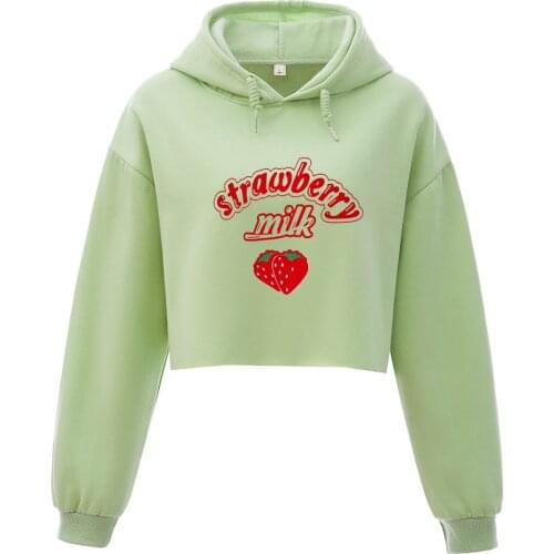 Sweatshirt for Petite Women Kawaii Strawberry Milk Hoodie Cotton Harajuku 90s Aesthetic Drop Shoulder Crop Tops Girls Clothes