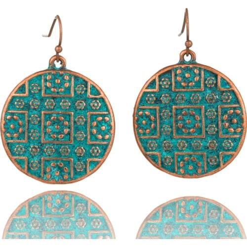Retro Antique Brass Copper Round Carved Dangle Drop Earrings for Women Fashion Ethnic Boho Women Ear Hanging Jewelry Accessories