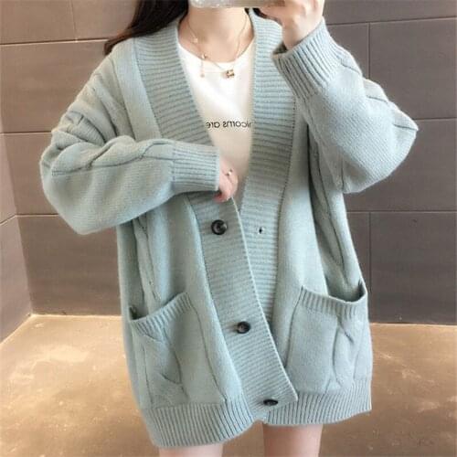 Pure Color Cardigan Womens Sweater Jacket Spring Autumn New V-neck Long Sleeve Single-breasted Loose Fashion Commuter Top M223
