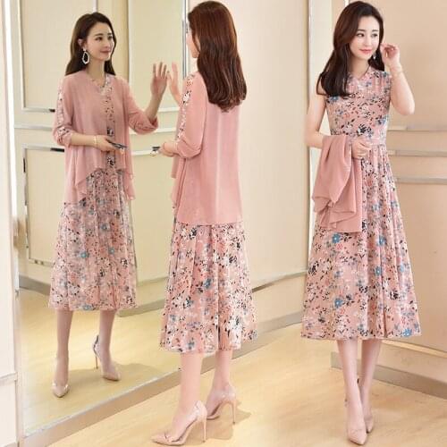 New 2021 autumn fashion flroal dress with cardigan chiffon 2 piece set women two piece dress women elegant suit set