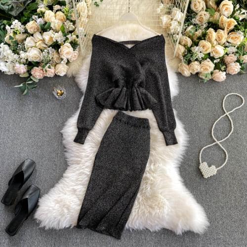 2021 New Long Sleeves Wool Warm Sweater Knitted Two Pieces Set Autumn Women Shiny Knitting Skirts Sets Lurex Ruffles Women Suit